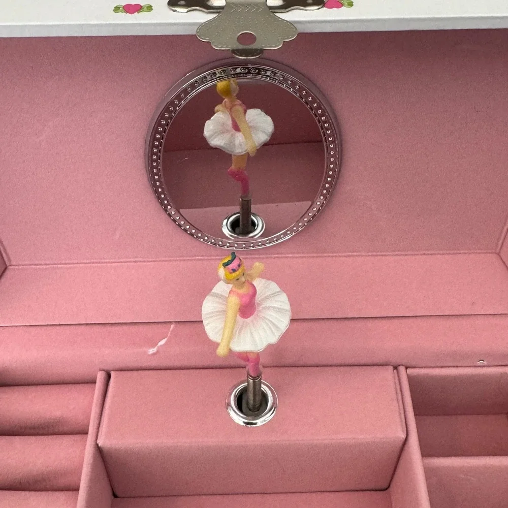 Ballerina Musical Jewelry Box White Pink Floral Vintage Style with Drawer Mirror